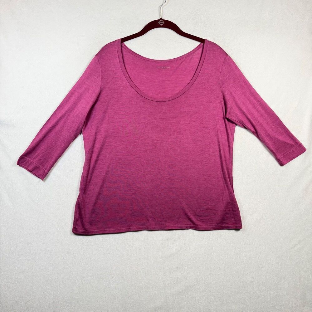 Eileen Fisher Silk Cotton Knit Top Small Berry Pink 3/4 Sleeve Scoop Neck